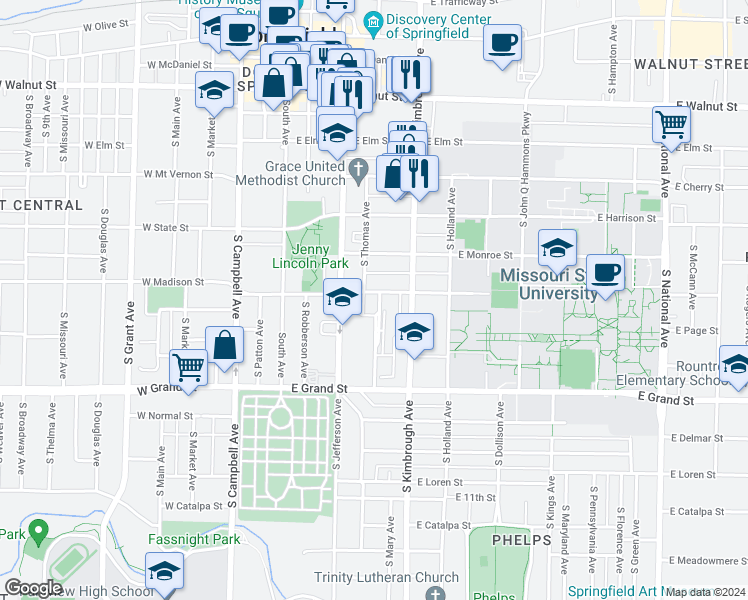 map of restaurants, bars, coffee shops, grocery stores, and more near 500 South Roanoke Avenue in Springfield