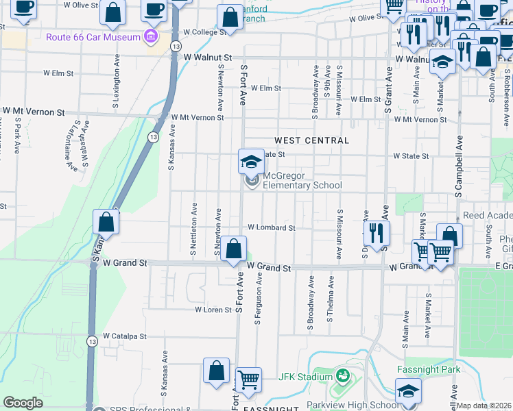 map of restaurants, bars, coffee shops, grocery stores, and more near 816 South Fort Avenue in Springfield