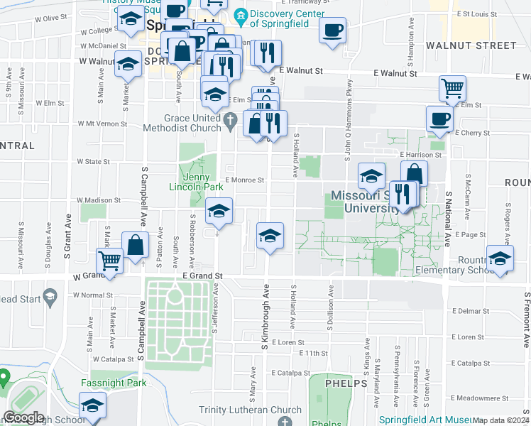 map of restaurants, bars, coffee shops, grocery stores, and more near 815 South Kimbrough Avenue in Springfield