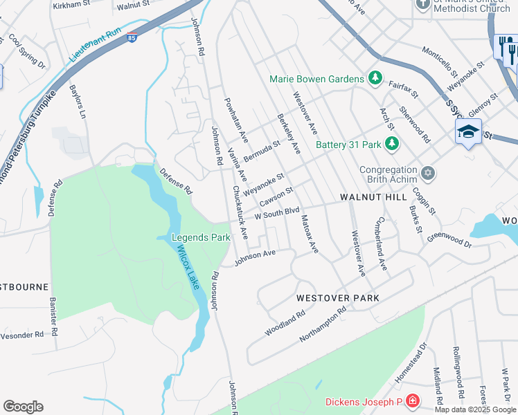 map of restaurants, bars, coffee shops, grocery stores, and more near 1827 Varina Avenue in Petersburg