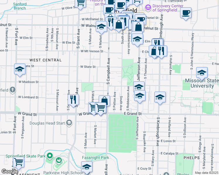 map of restaurants, bars, coffee shops, grocery stores, and more near 836 South Campbell Avenue in Springfield