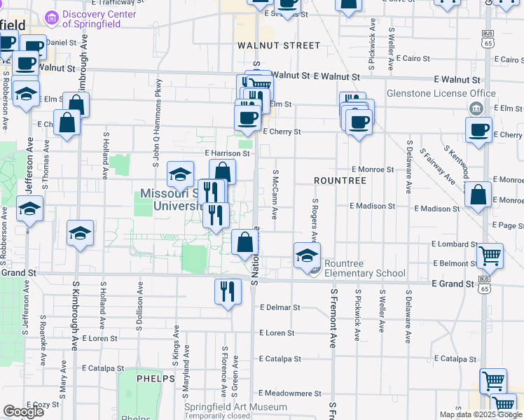 map of restaurants, bars, coffee shops, grocery stores, and more near 800 South National Avenue in Springfield