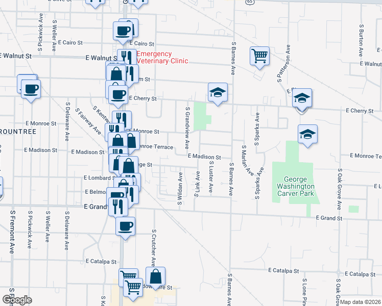 map of restaurants, bars, coffee shops, grocery stores, and more near 748 South Grandview Avenue in Springfield