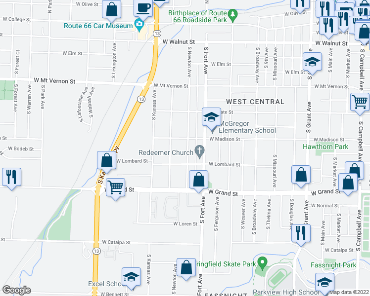 map of restaurants, bars, coffee shops, grocery stores, and more near 821 South Newton Avenue in Springfield