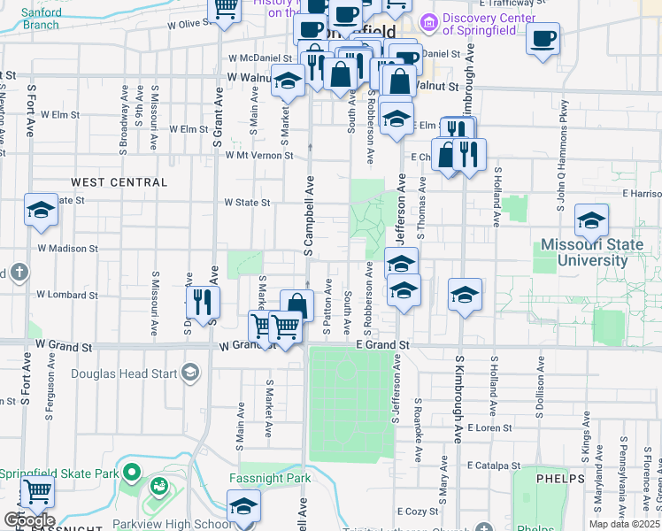 map of restaurants, bars, coffee shops, grocery stores, and more near 836 South Campbell Avenue in Springfield