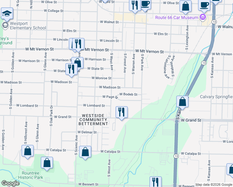 map of restaurants, bars, coffee shops, grocery stores, and more near 2435 West Bodeb Street in Springfield