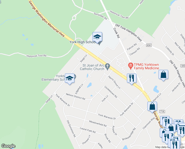 map of restaurants, bars, coffee shops, grocery stores, and more near 105 Perdue Court in Yorktown