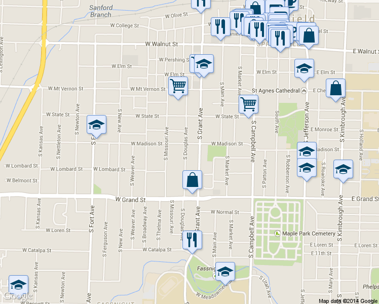 map of restaurants, bars, coffee shops, grocery stores, and more near 820 South Douglas Avenue in Springfield