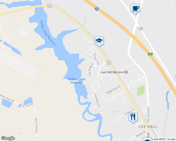 map of restaurants, bars, coffee shops, grocery stores, and more near 315 Oak Ridge Dr in Newport News