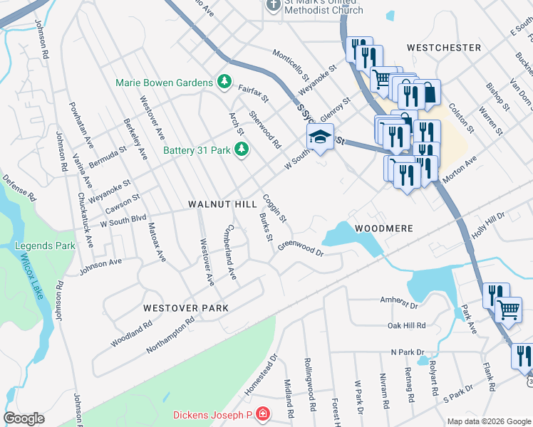 map of restaurants, bars, coffee shops, grocery stores, and more near 1915 Burks Street in Petersburg