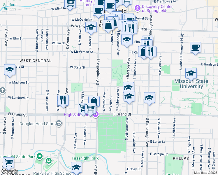 map of restaurants, bars, coffee shops, grocery stores, and more near 806 South Avenue in Springfield