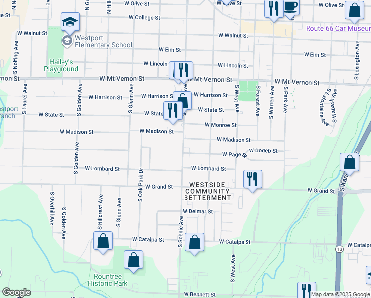 map of restaurants, bars, coffee shops, grocery stores, and more near 2639 West Page Street in Springfield