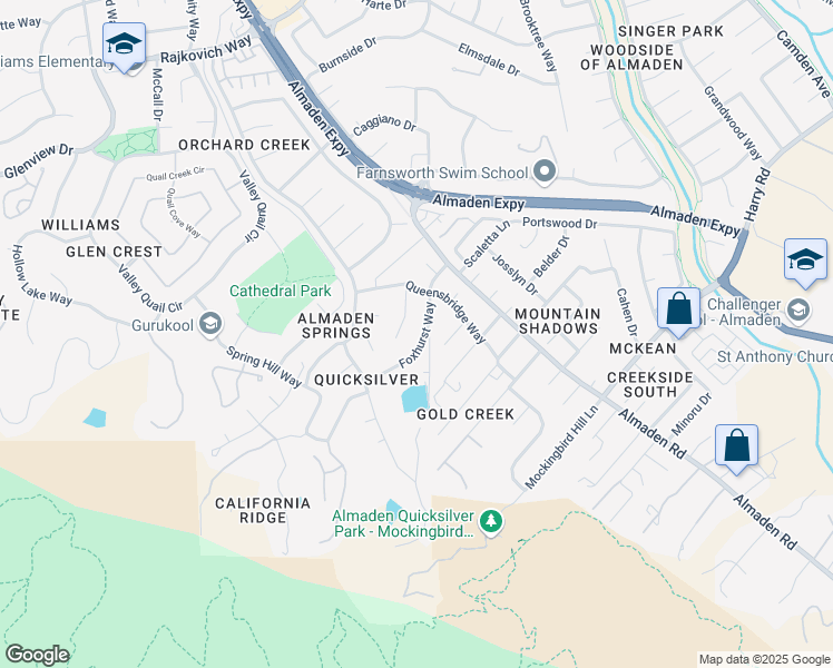 map of restaurants, bars, coffee shops, grocery stores, and more near 1087 Foxhurst Way in San Jose