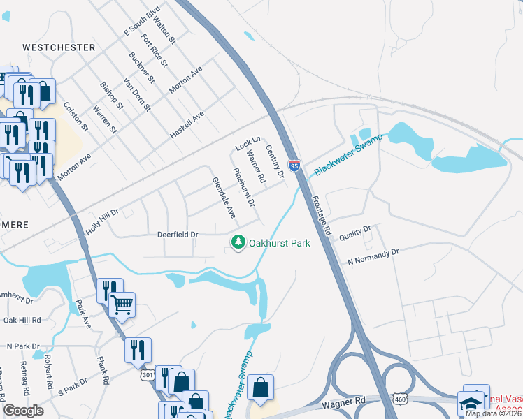 map of restaurants, bars, coffee shops, grocery stores, and more near 2575 Century Drive in Petersburg