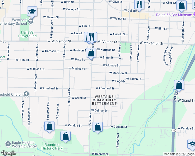 map of restaurants, bars, coffee shops, grocery stores, and more near 2639 West Page Street in Springfield