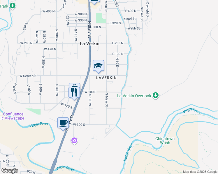 map of restaurants, bars, coffee shops, grocery stores, and more near 65 South Main Street in La Verkin