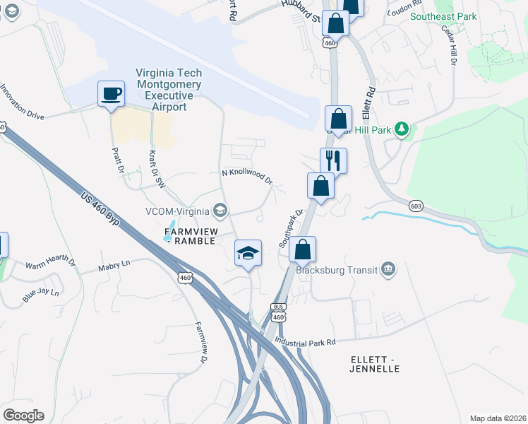 map of restaurants, bars, coffee shops, grocery stores, and more near 2205 Whitney Court in Blacksburg