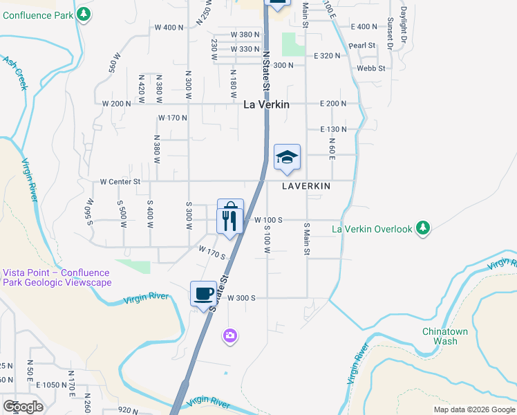 map of restaurants, bars, coffee shops, grocery stores, and more near 60 South 100 West in La Verkin