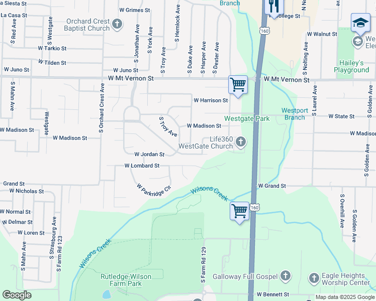 map of restaurants, bars, coffee shops, grocery stores, and more near 3719 West Kay Pointe Boulevard in Springfield