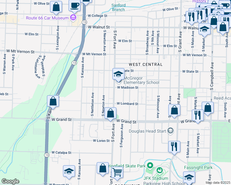 map of restaurants, bars, coffee shops, grocery stores, and more near 816 South Fort Avenue in Springfield