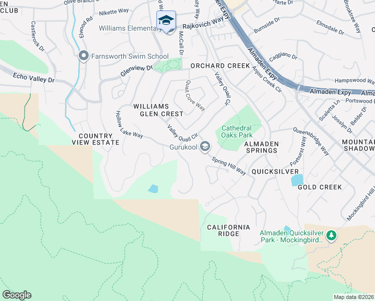 map of restaurants, bars, coffee shops, grocery stores, and more near 1242 Valley Quail Circle in San Jose