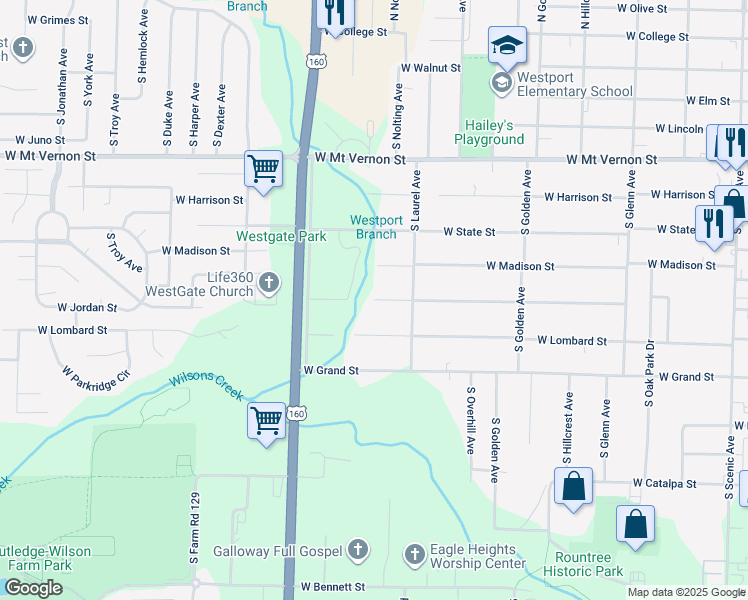 map of restaurants, bars, coffee shops, grocery stores, and more near 3450 West Page Street in Springfield