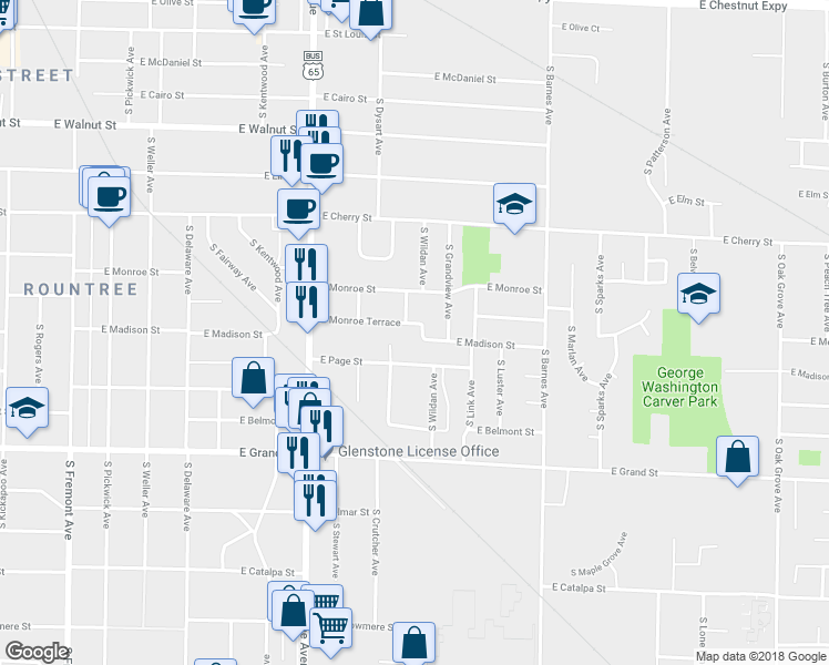 map of restaurants, bars, coffee shops, grocery stores, and more near 1962 East Monroe Terrace in Springfield