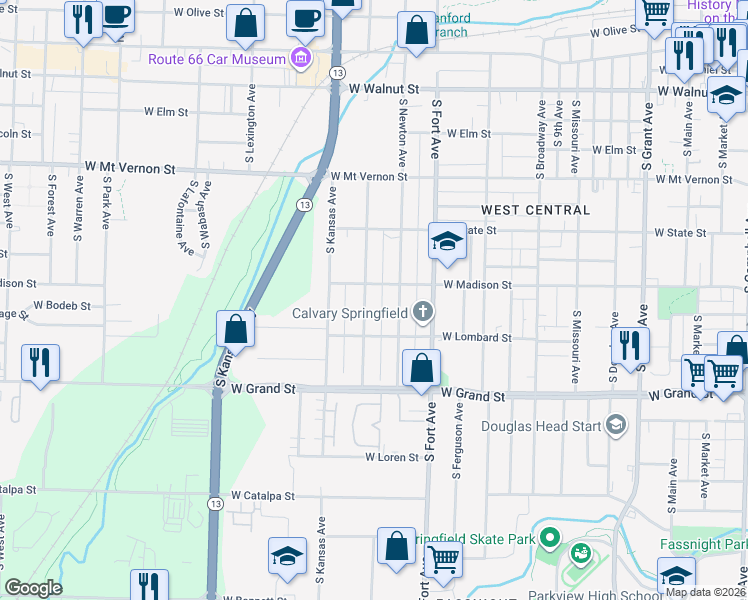 map of restaurants, bars, coffee shops, grocery stores, and more near 820 South Nettleton Avenue in Springfield