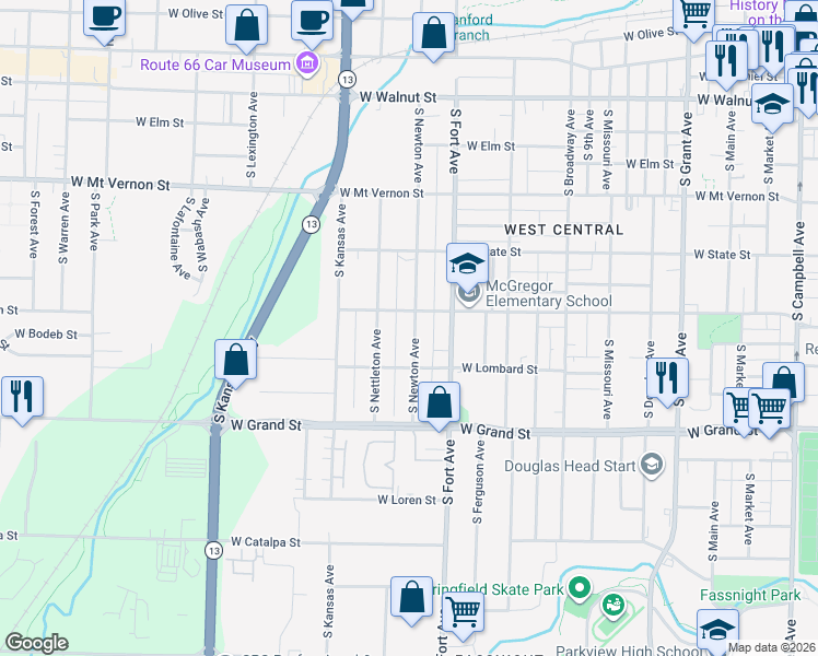 map of restaurants, bars, coffee shops, grocery stores, and more near 816 South Newton Avenue in Springfield