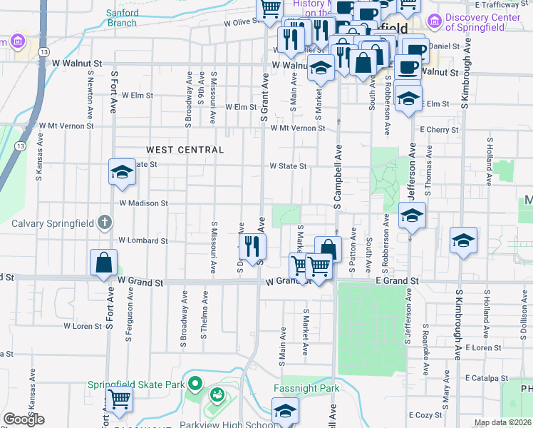 map of restaurants, bars, coffee shops, grocery stores, and more near 812 South Grant Avenue in Springfield