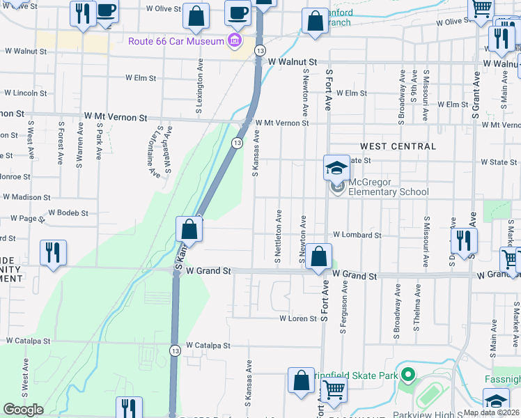 map of restaurants, bars, coffee shops, grocery stores, and more near 816 South Kansas Avenue in Springfield
