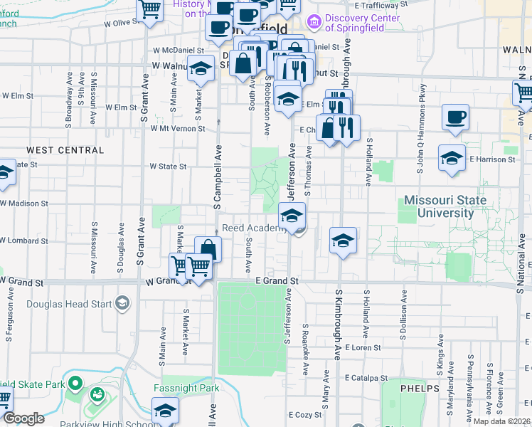map of restaurants, bars, coffee shops, grocery stores, and more near 308 East Madison Street in Springfield