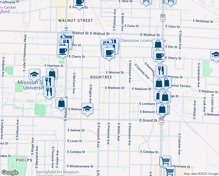 map of restaurants, bars, coffee shops, grocery stores, and more near S Pickwick Ave & E Madison St in Springfield