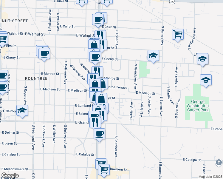 map of restaurants, bars, coffee shops, grocery stores, and more near 1908 East Monroe Street in Springfield