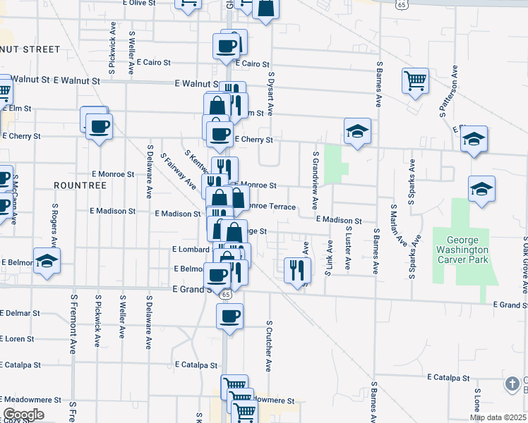 map of restaurants, bars, coffee shops, grocery stores, and more near 1908 East Monroe Street in Springfield
