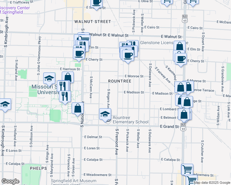 map of restaurants, bars, coffee shops, grocery stores, and more near 765 South Fremont Avenue in Springfield