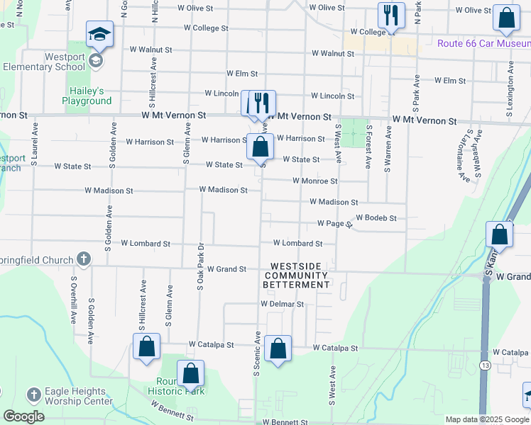 map of restaurants, bars, coffee shops, grocery stores, and more near 824 South Farm Road 137 in Springfield