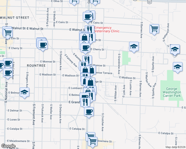 map of restaurants, bars, coffee shops, grocery stores, and more near 1820 East Monroe Terrace in Springfield