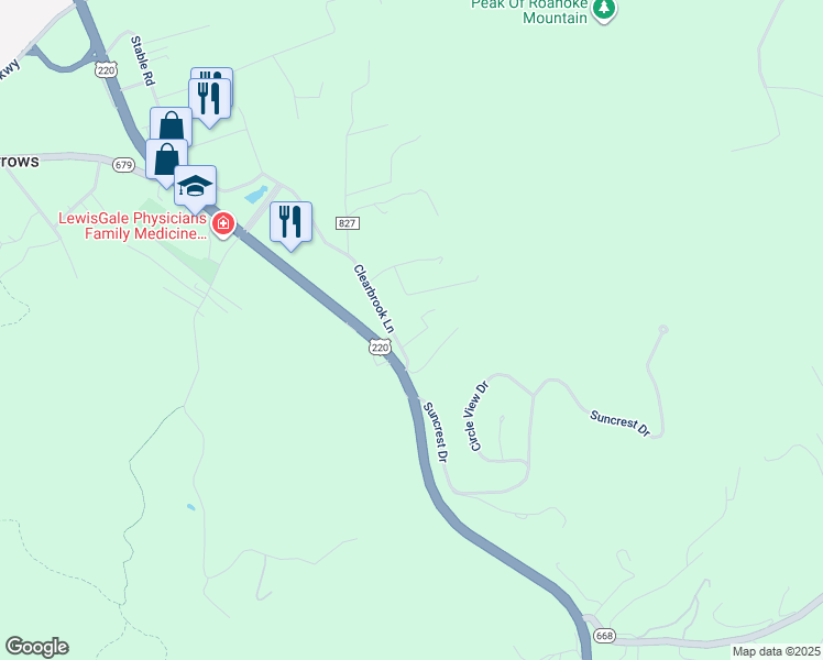 map of restaurants, bars, coffee shops, grocery stores, and more near 5494 Clearbrook Lane in Roanoke