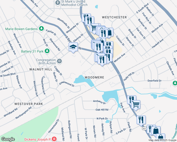 map of restaurants, bars, coffee shops, grocery stores, and more near 25 Walnut Boulevard in Petersburg