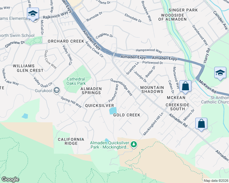 map of restaurants, bars, coffee shops, grocery stores, and more near 1087 Foxhurst Way in San Jose