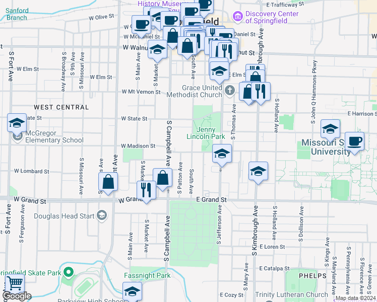 map of restaurants, bars, coffee shops, grocery stores, and more near 806 South Avenue in Springfield