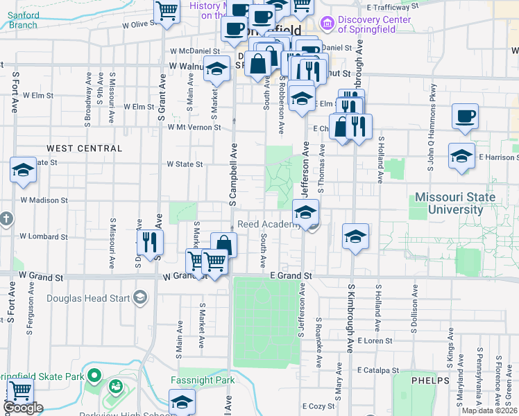 map of restaurants, bars, coffee shops, grocery stores, and more near 773 South Avenue in Springfield