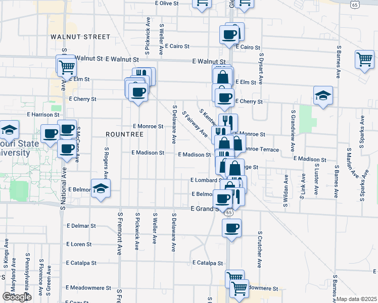 map of restaurants, bars, coffee shops, grocery stores, and more near 1629 East Madison Street in Springfield