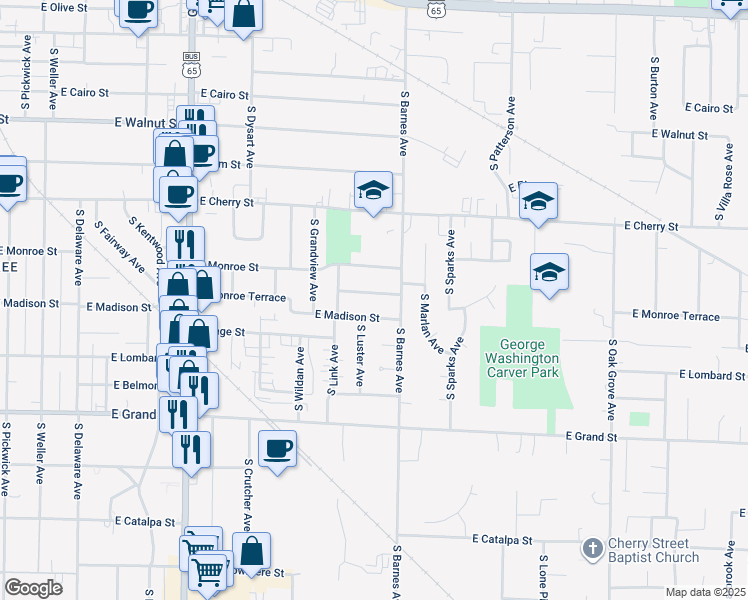 map of restaurants, bars, coffee shops, grocery stores, and more near 2155 East Madison Street in Springfield