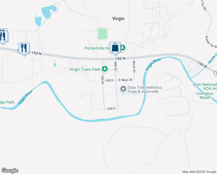 map of restaurants, bars, coffee shops, grocery stores, and more near 83 W 100 S in Virgin