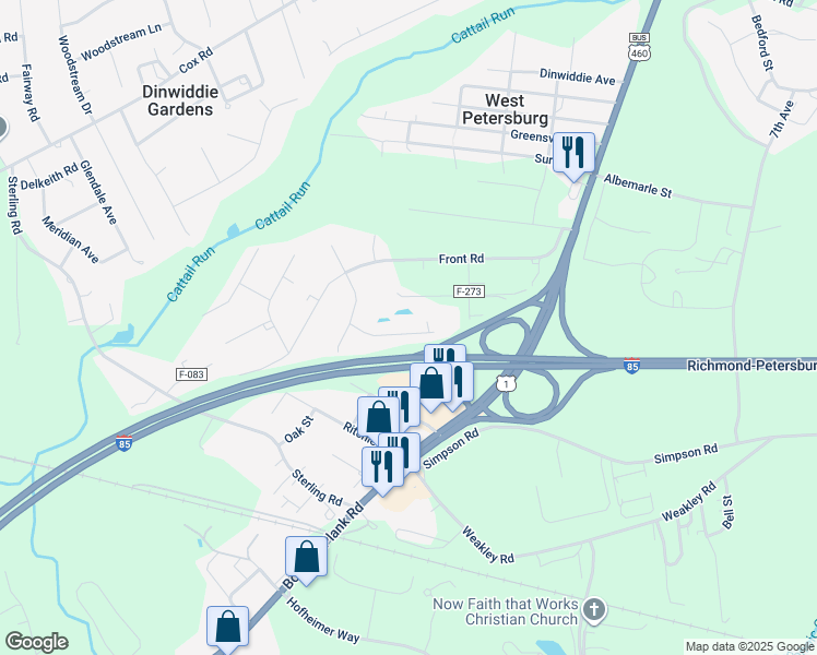 map of restaurants, bars, coffee shops, grocery stores, and more near 25309 Shady Side Drive in Petersburg