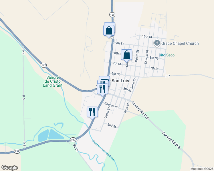 map of restaurants, bars, coffee shops, grocery stores, and more near Colorado 159 in San Luis