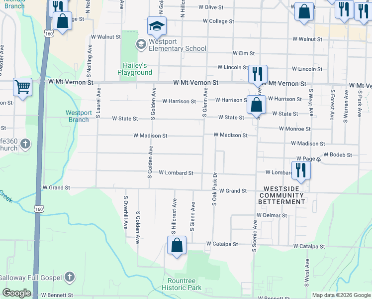 map of restaurants, bars, coffee shops, grocery stores, and more near 2955 W Page St in Springfield