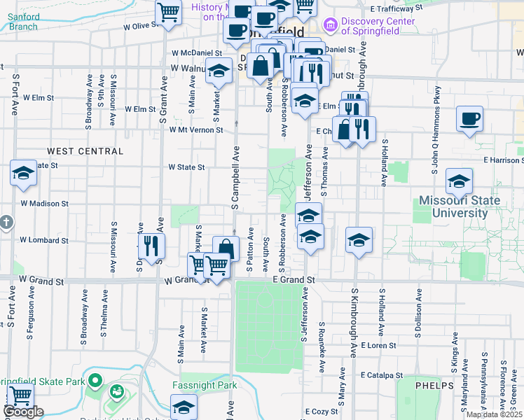 map of restaurants, bars, coffee shops, grocery stores, and more near 806 South Avenue in Springfield